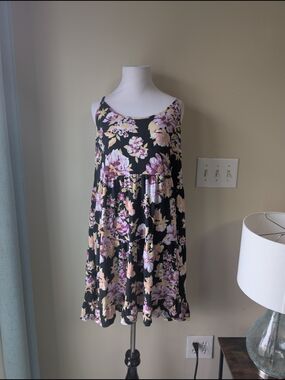 SO Black Floral Spaghetti-Strap Dress with Pink and Cream Flowers Buttery Soft